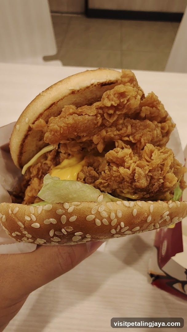 Hand holding fried chicken burger