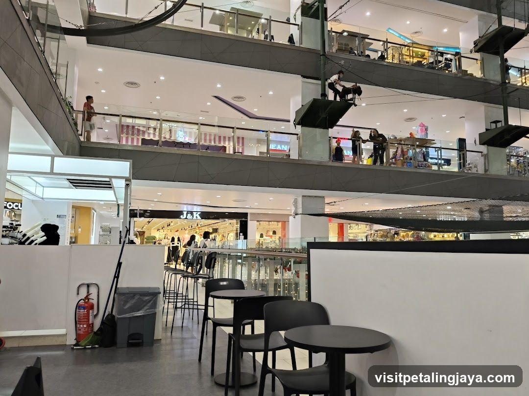 Indoor shopping mall with multiple levels and shops