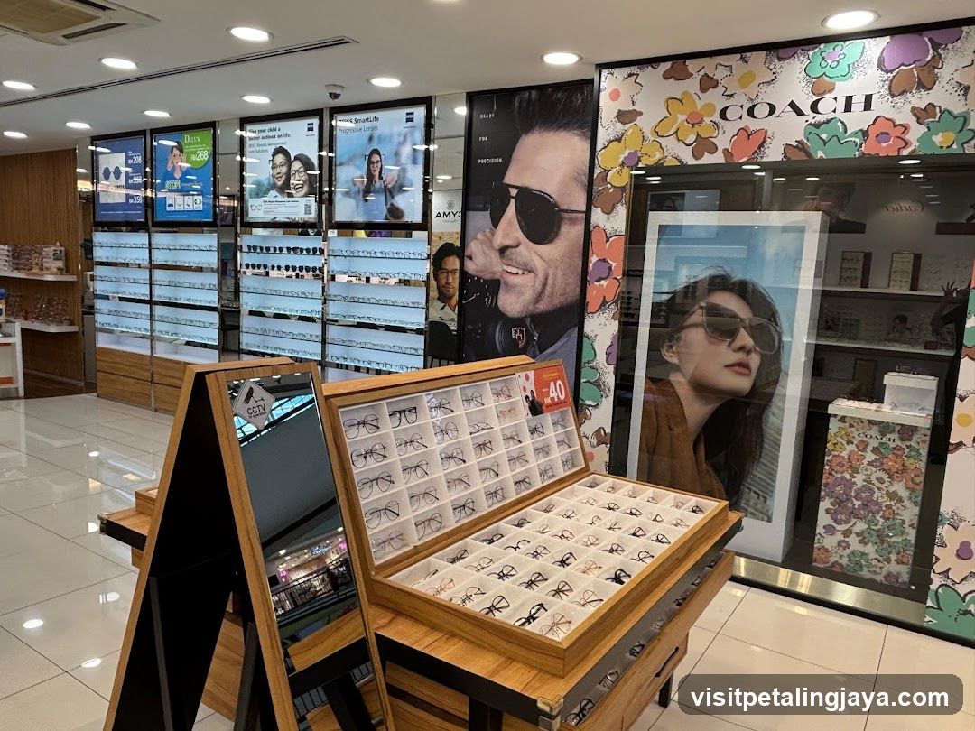 Eyewear store interior with displays of glasses and advertisements