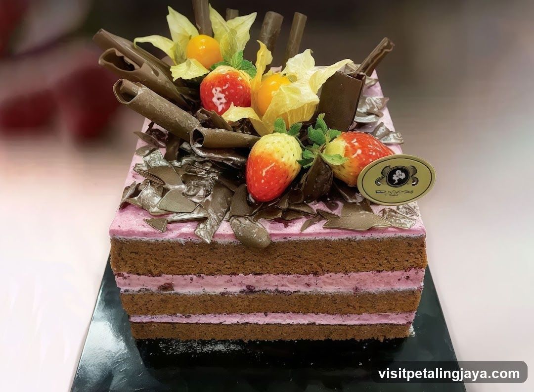 Rectangular Chocolate Cake with Berries and Chocolate Garnish