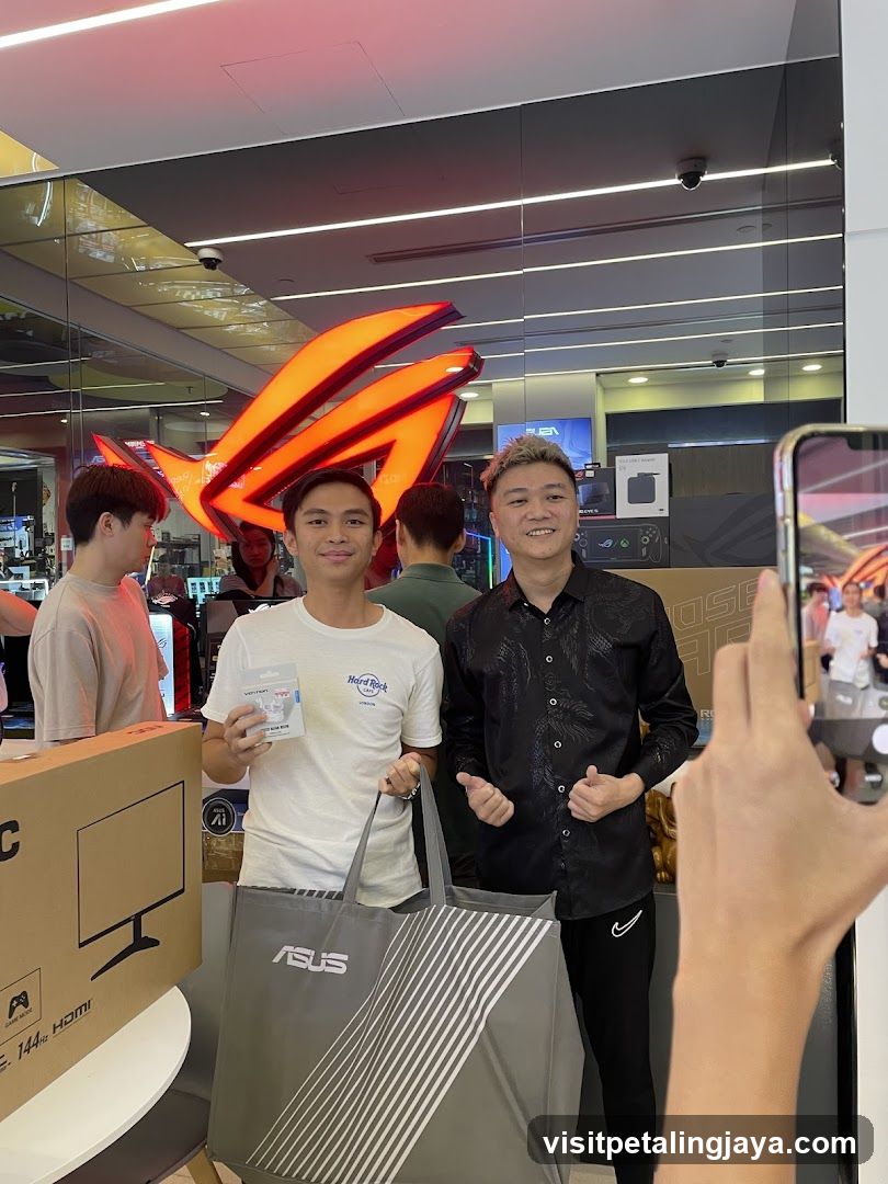 Two men posing for a photo in a store