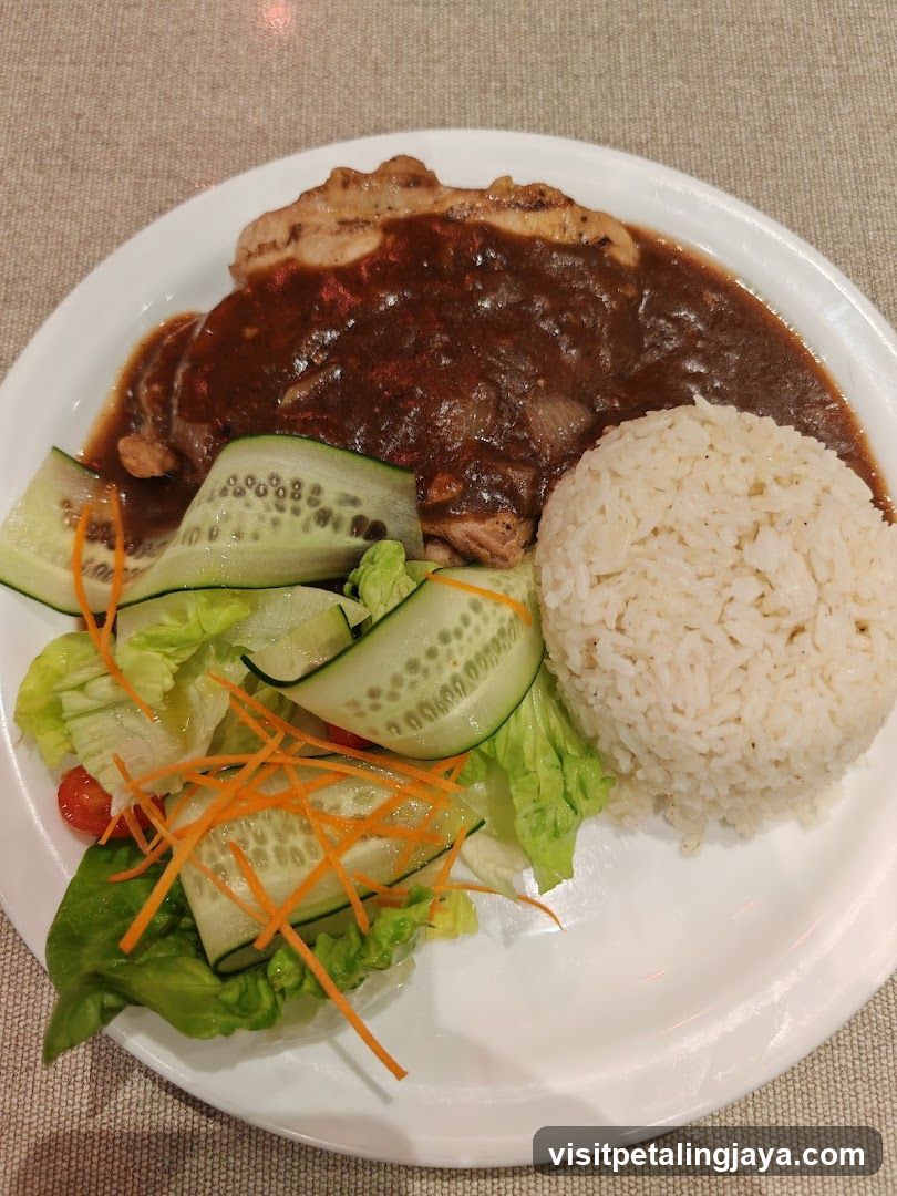Chicken with Gravy, Rice, and Salad