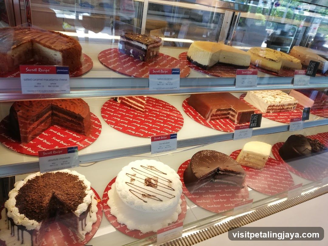 Cakes in a display case