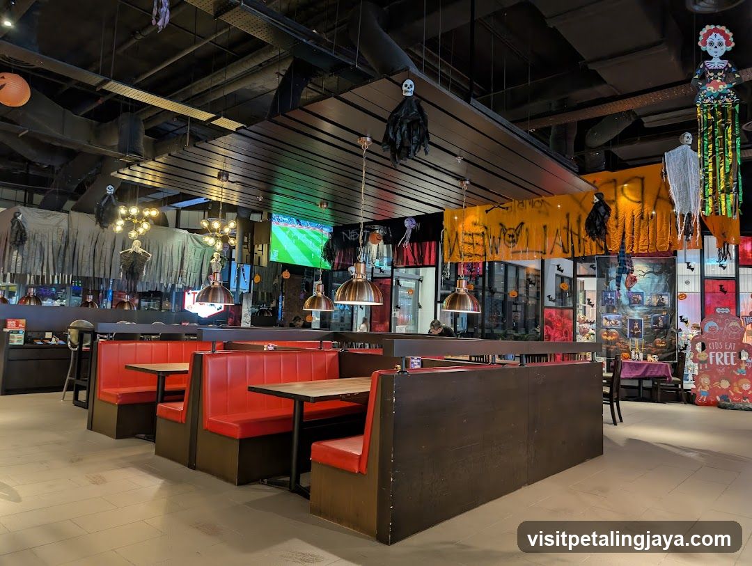 Restaurant interior decorated for Halloween