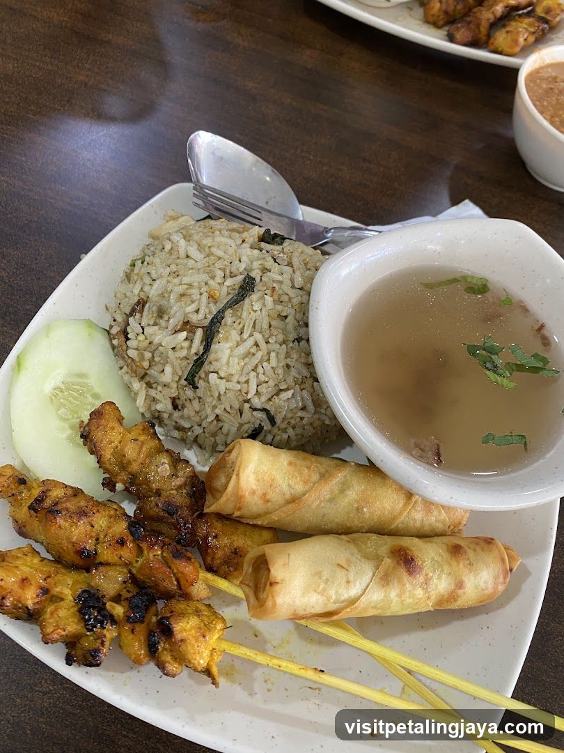 Chicken Satay with Fried Rice and Spring Rolls