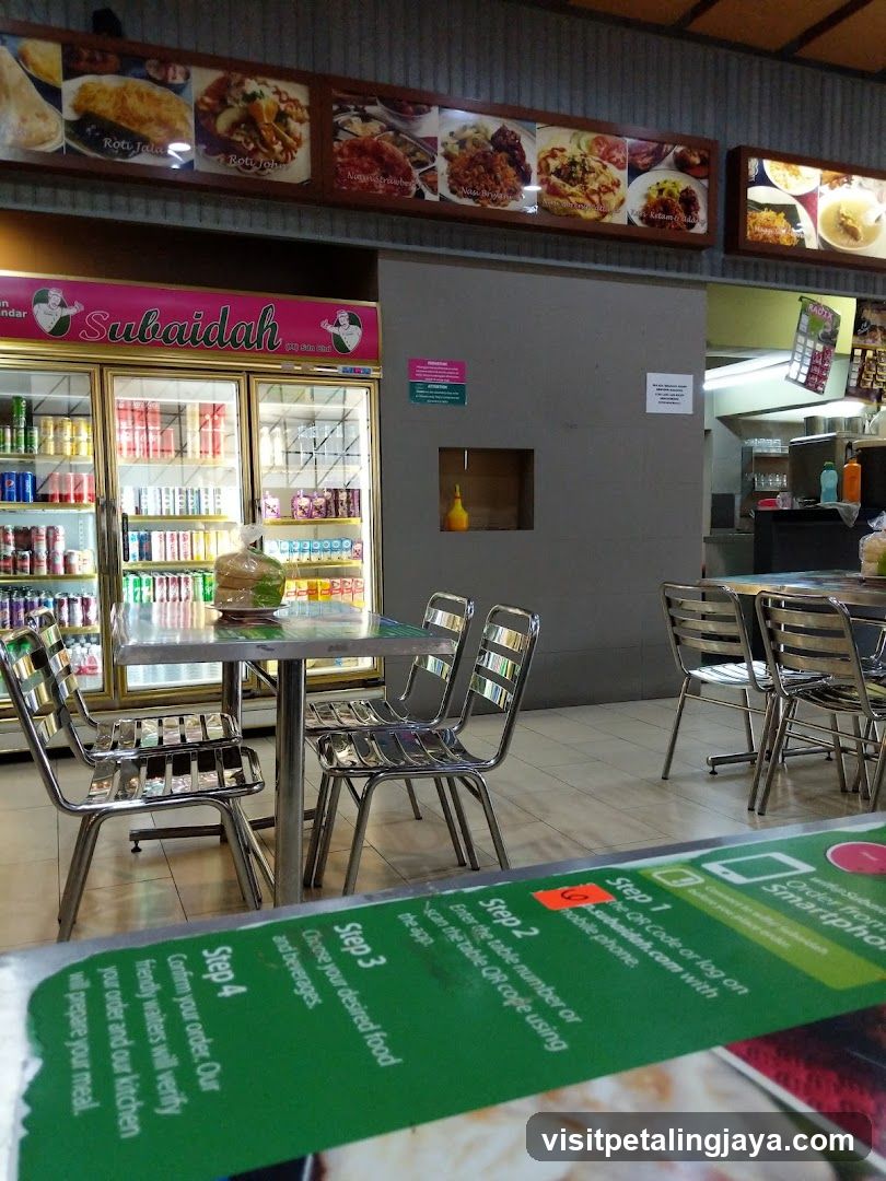 Restaurant Interior with Food Displays and Ordering Instructions