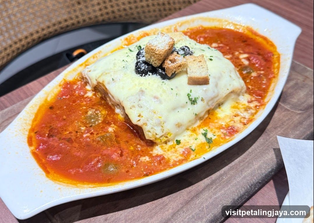 Lasagna with Tomato Sauce and Croutons