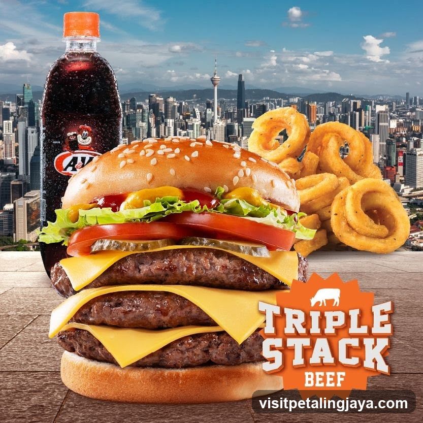 Triple Stack Beef Burger with Onion Rings and A&W Root Beer