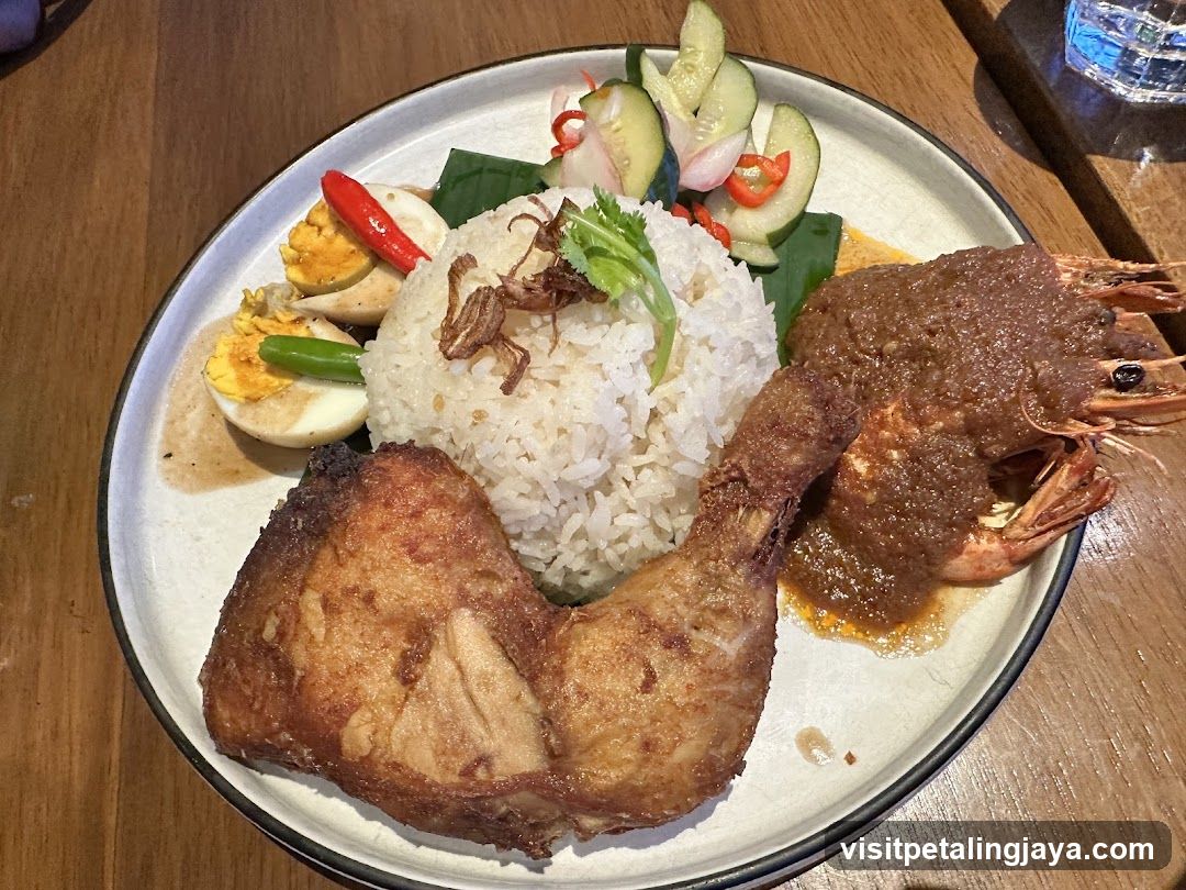 Nasi Lemak with Fried Chicken and Prawn