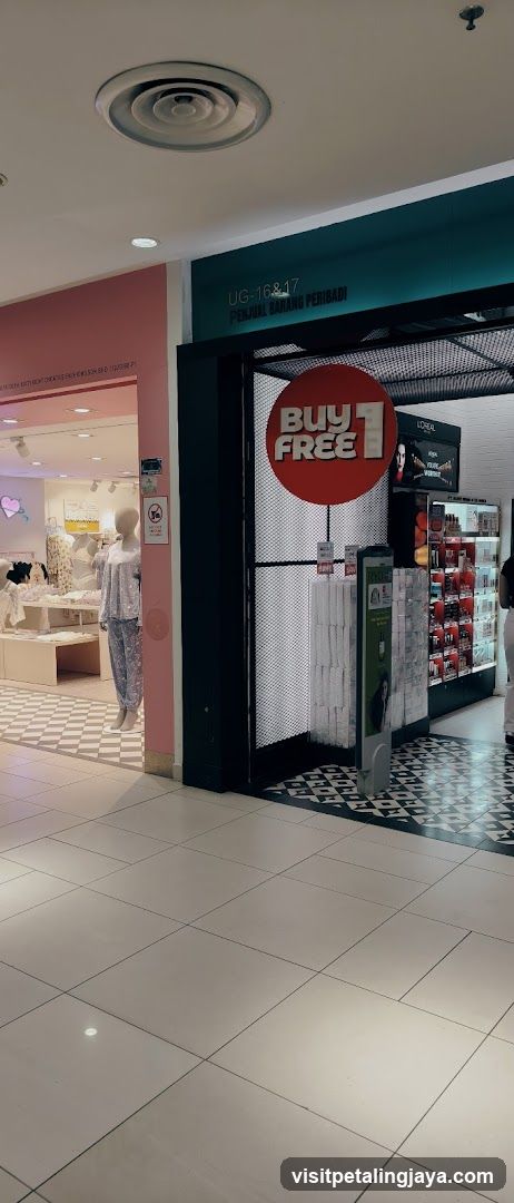 Cosmetics store with "Buy 1 Free 1" promotion