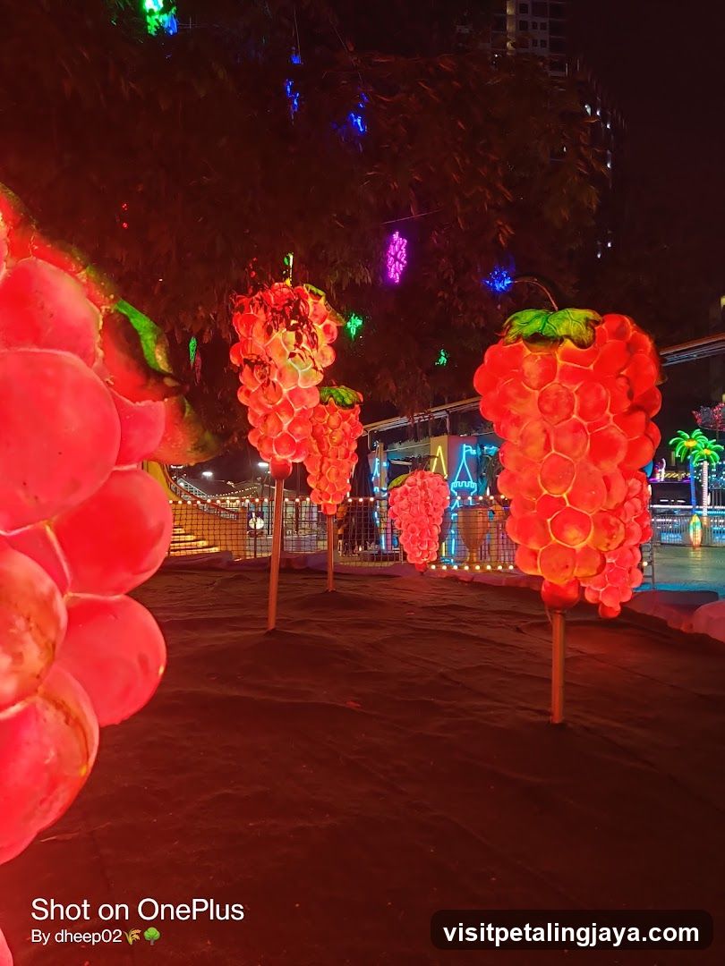 Grape-shaped lanterns at night