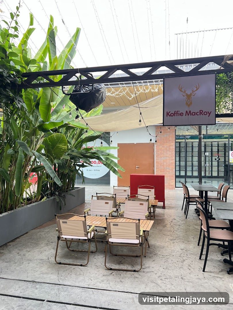 Outdoor seating area with signage