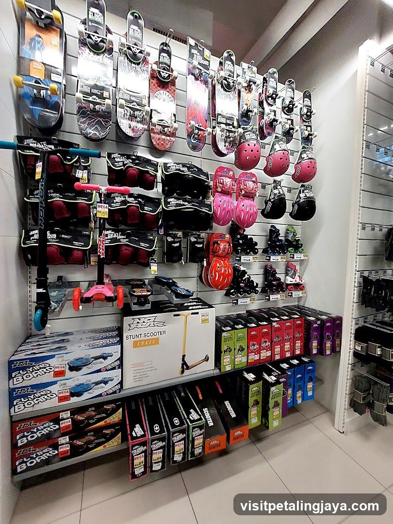 Skateboards, Scooters, and Protective Gear Display