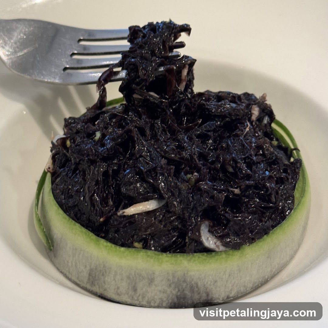 Dark Seaweed Salad with Cucumber Garnish