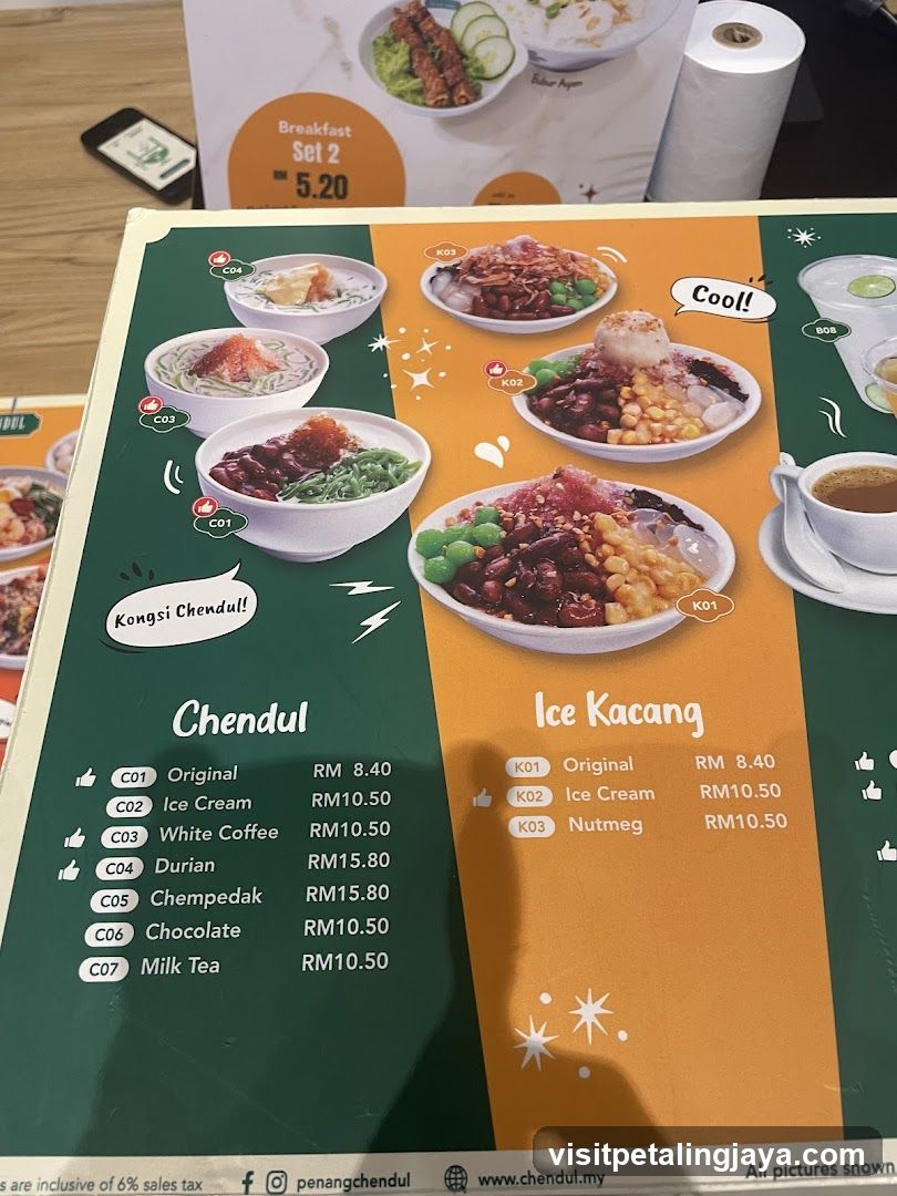 Chendul and Ice Kacang Menu