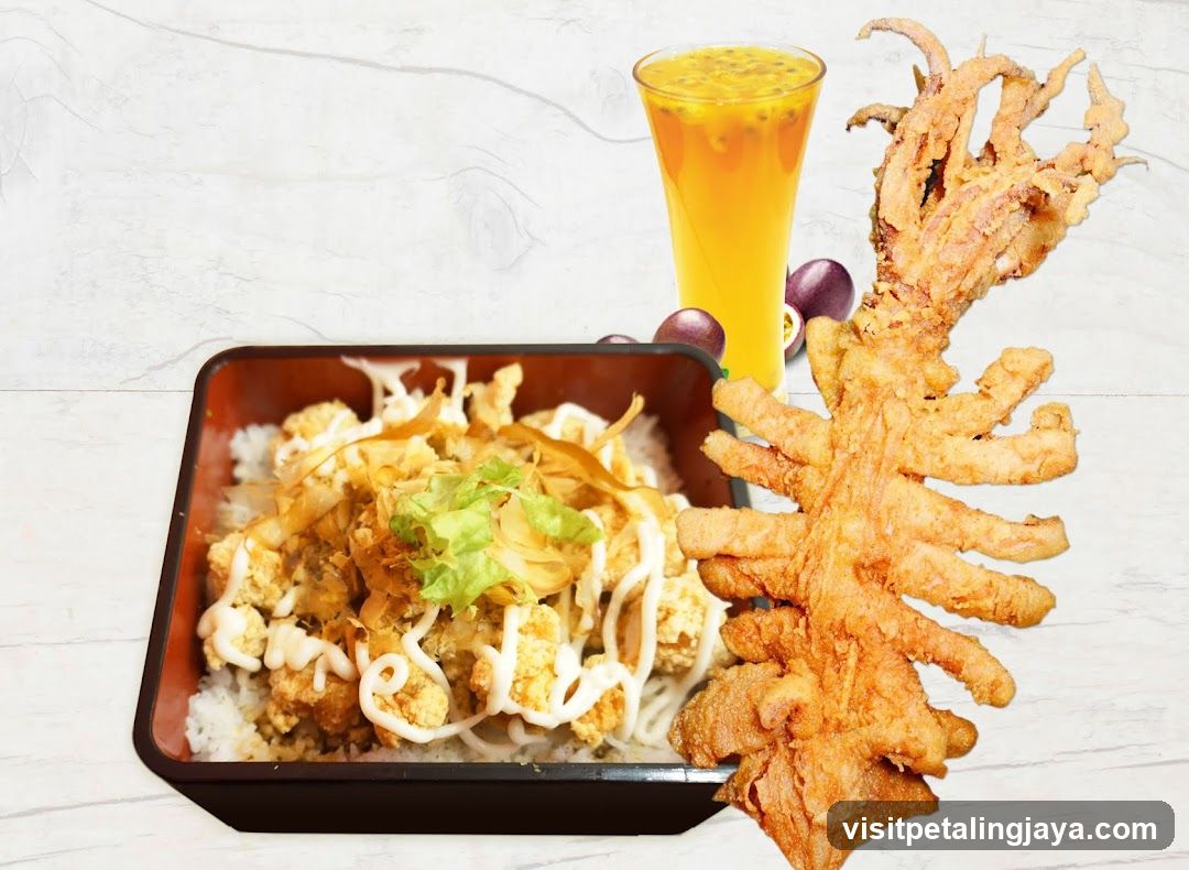 Fried Squid and Rice Bowl with Passion Fruit Drink