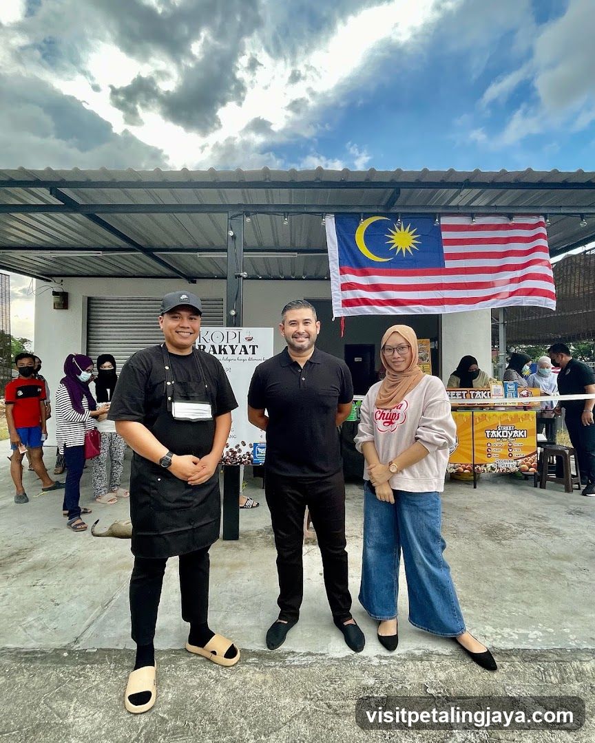 People Posing in Front of a Food Stall