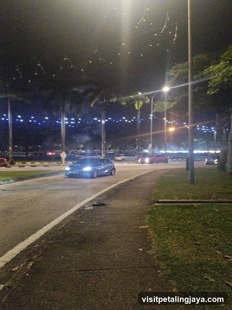 Nighttime street scene with cars and lights