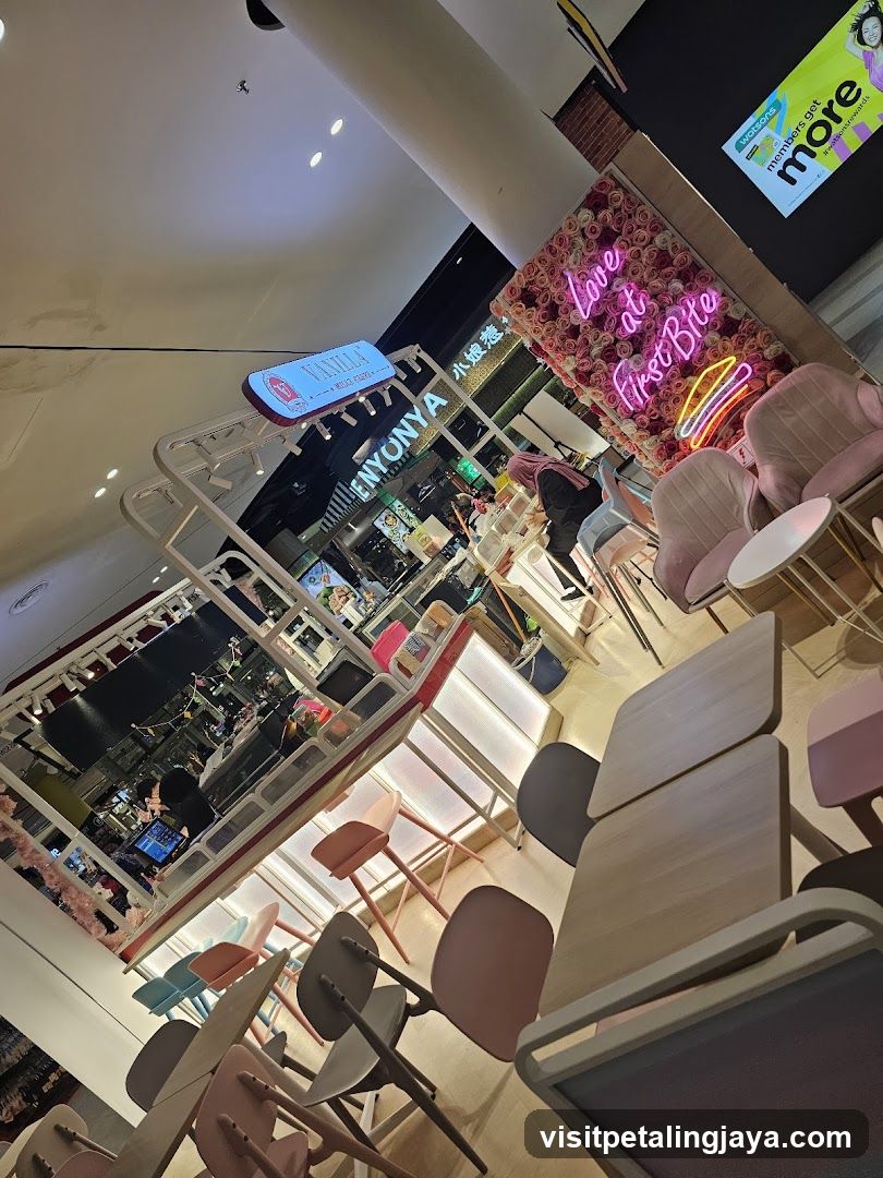 Dessert shop interior with neon sign