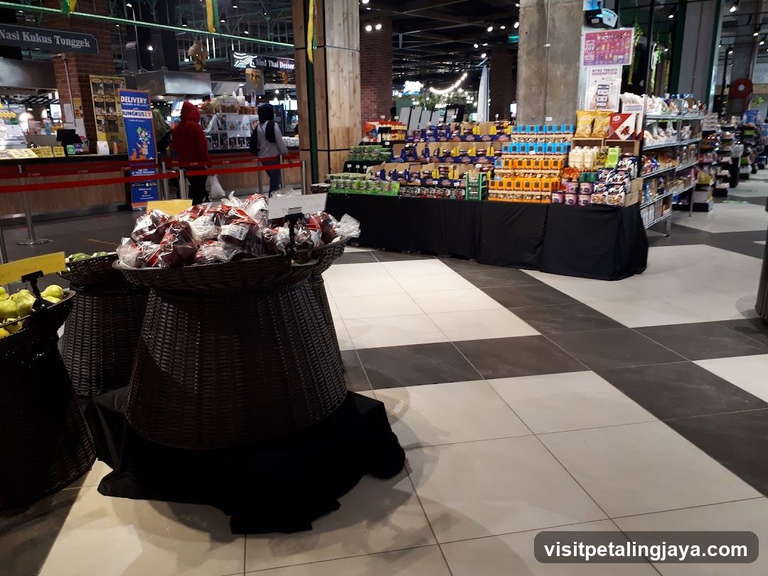 Supermarket aisle with food products