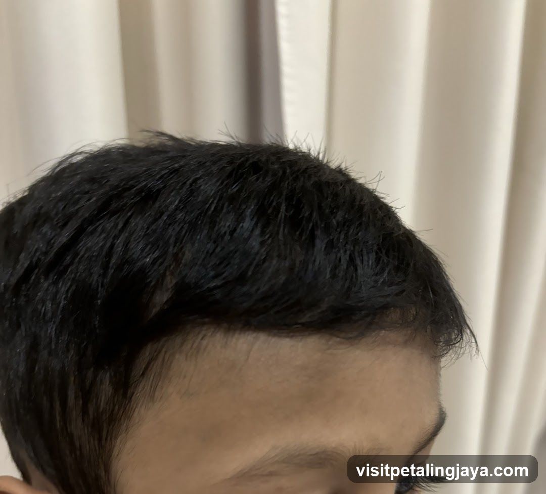 Close-up of a person's hair and forehead