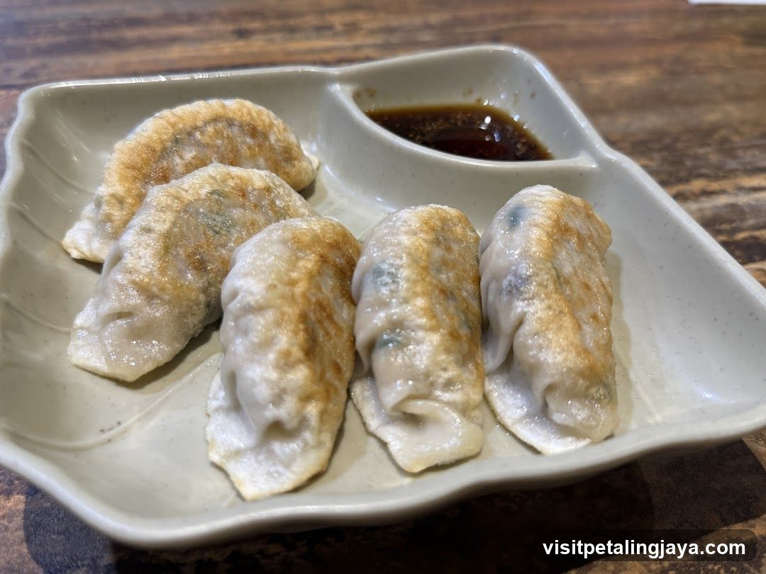 Pan-fried dumplings with dipping sauce