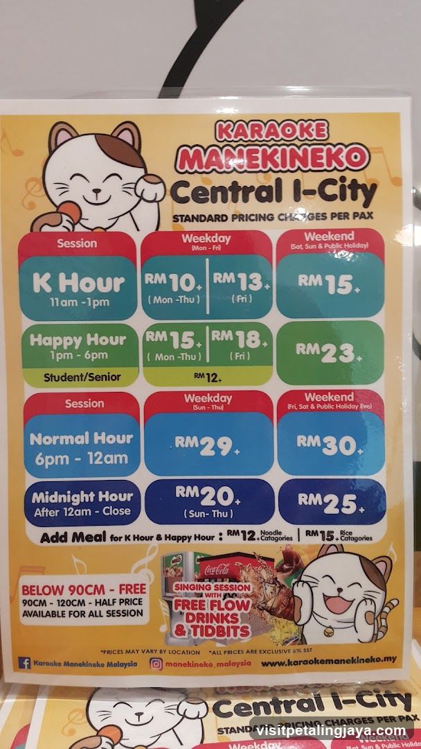 Karaoke Manekineko Central I-City Standard Pricing Charges Per Pax