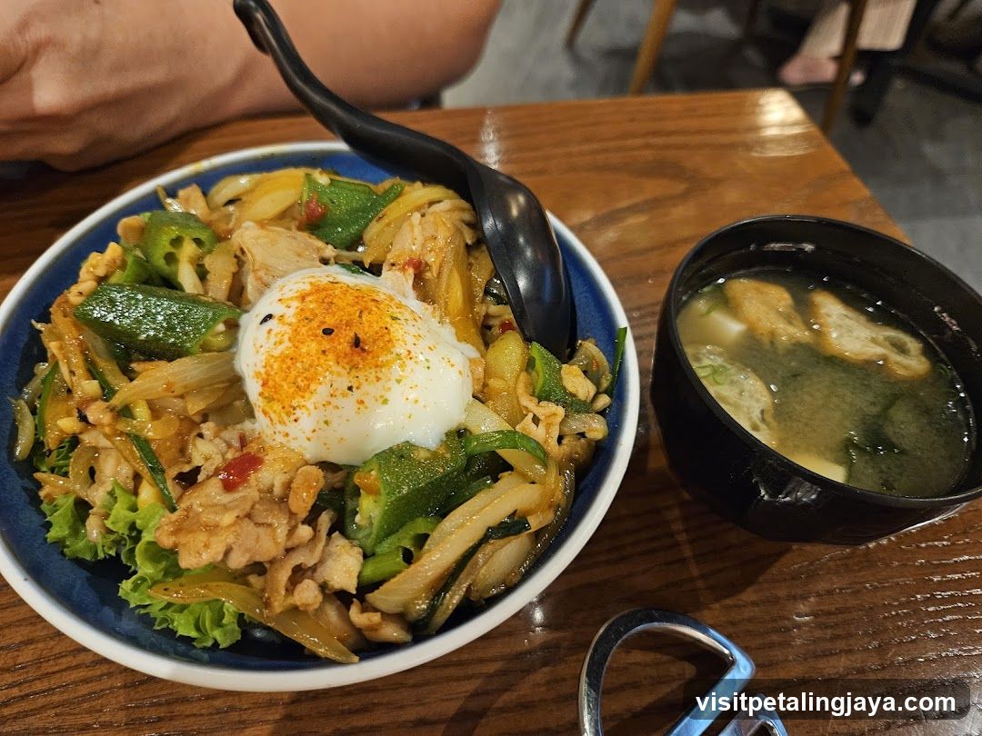 Pork and Okra Rice Bowl with Miso Soup