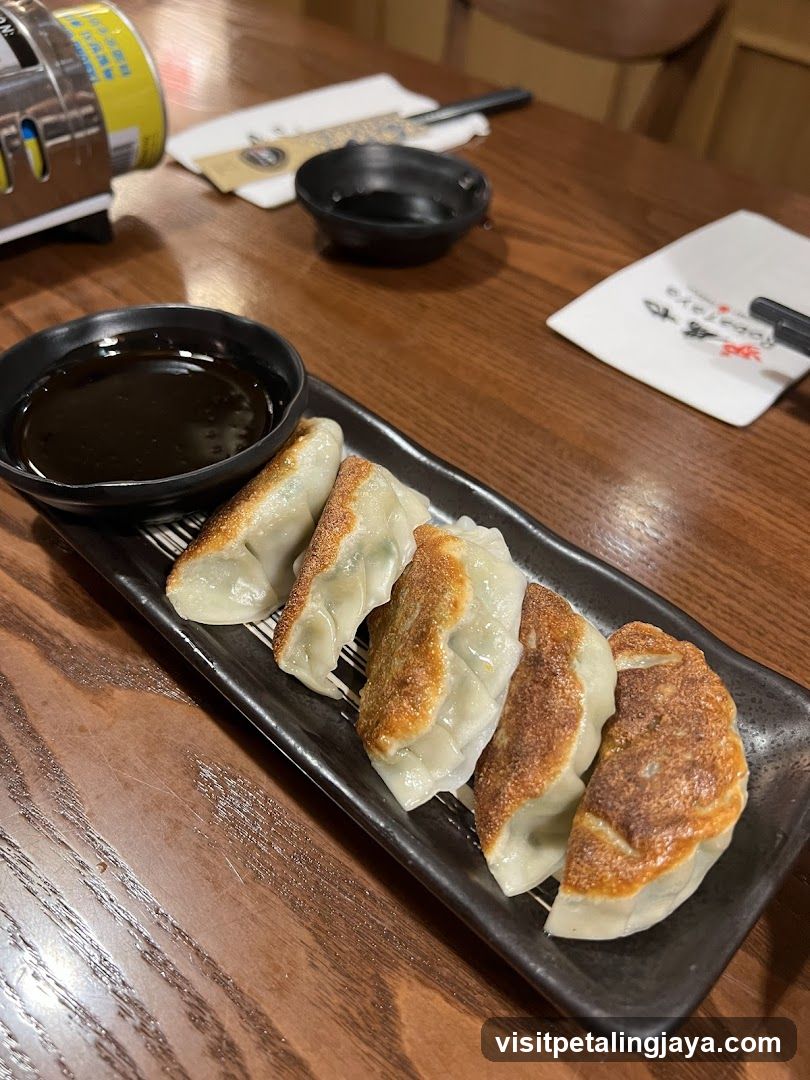 Pan-fried dumplings with dipping sauce