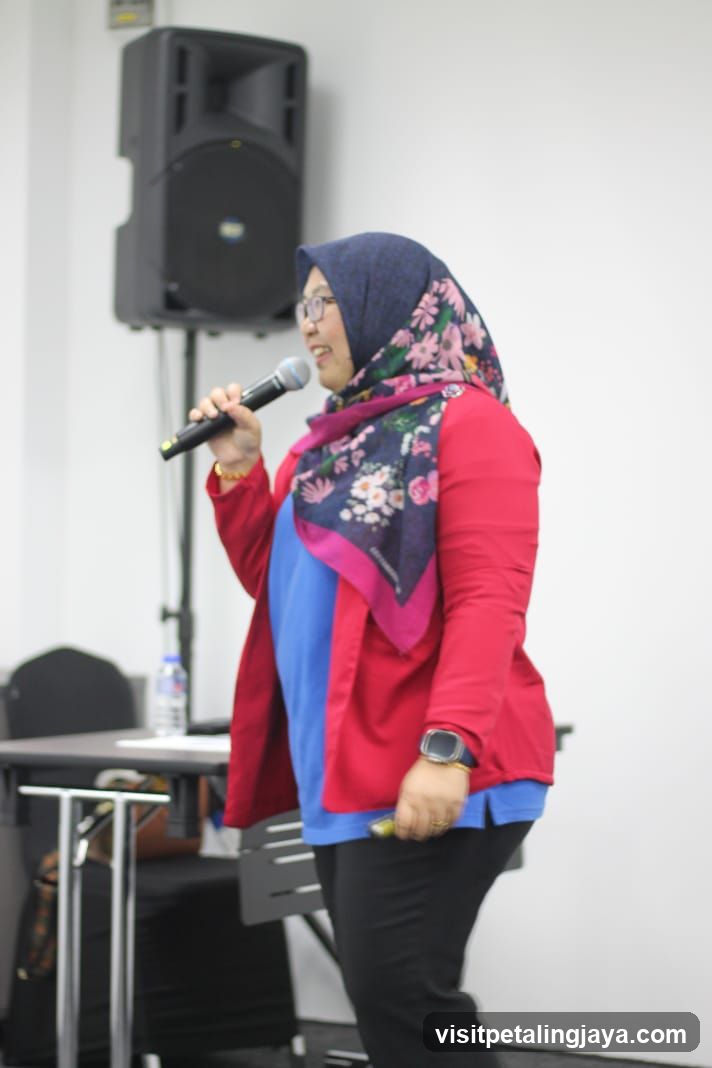 Woman speaking into a microphone
