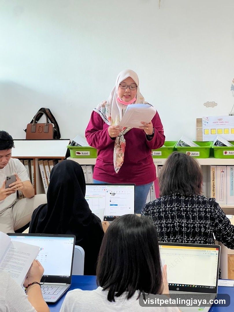 Classroom setting with a teacher reading from papers