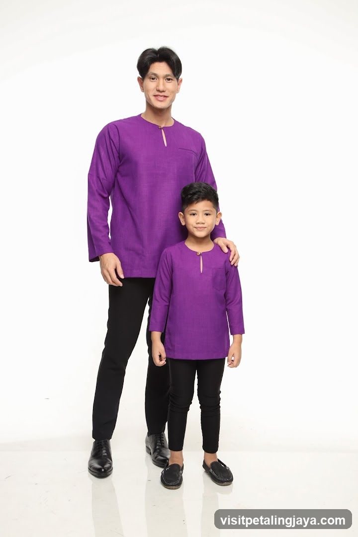 Father and Son in Matching Purple Outfits