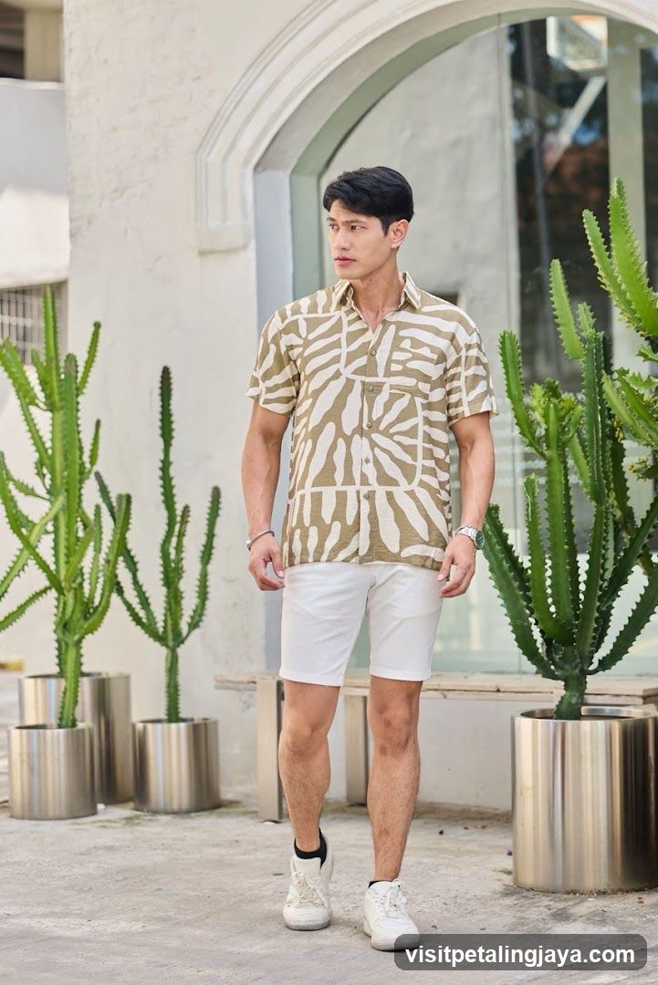 Man in patterned shirt and white shorts