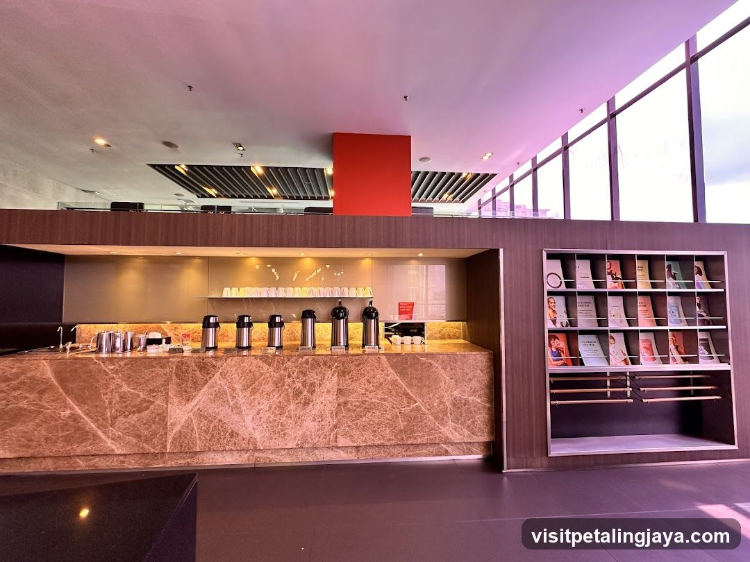 Modern Lounge Area with Coffee Station and Magazine Rack