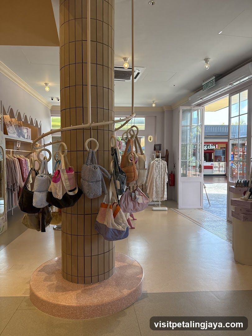 Bags and clothing displayed in a store