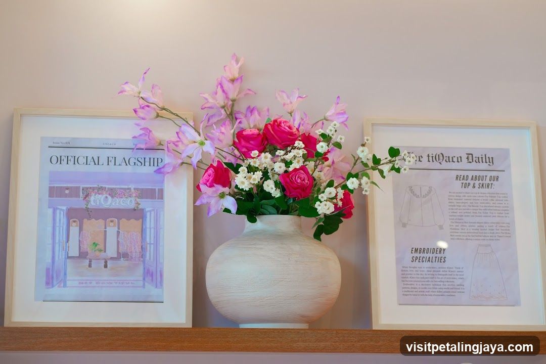 Floral Arrangement with Framed Advertisements