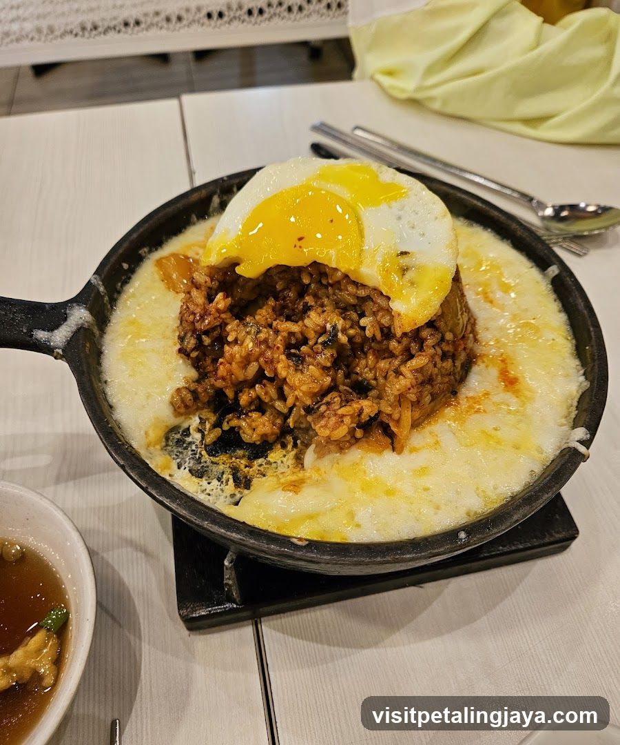 Kimchi Fried Rice with Fried Egg and Cheese