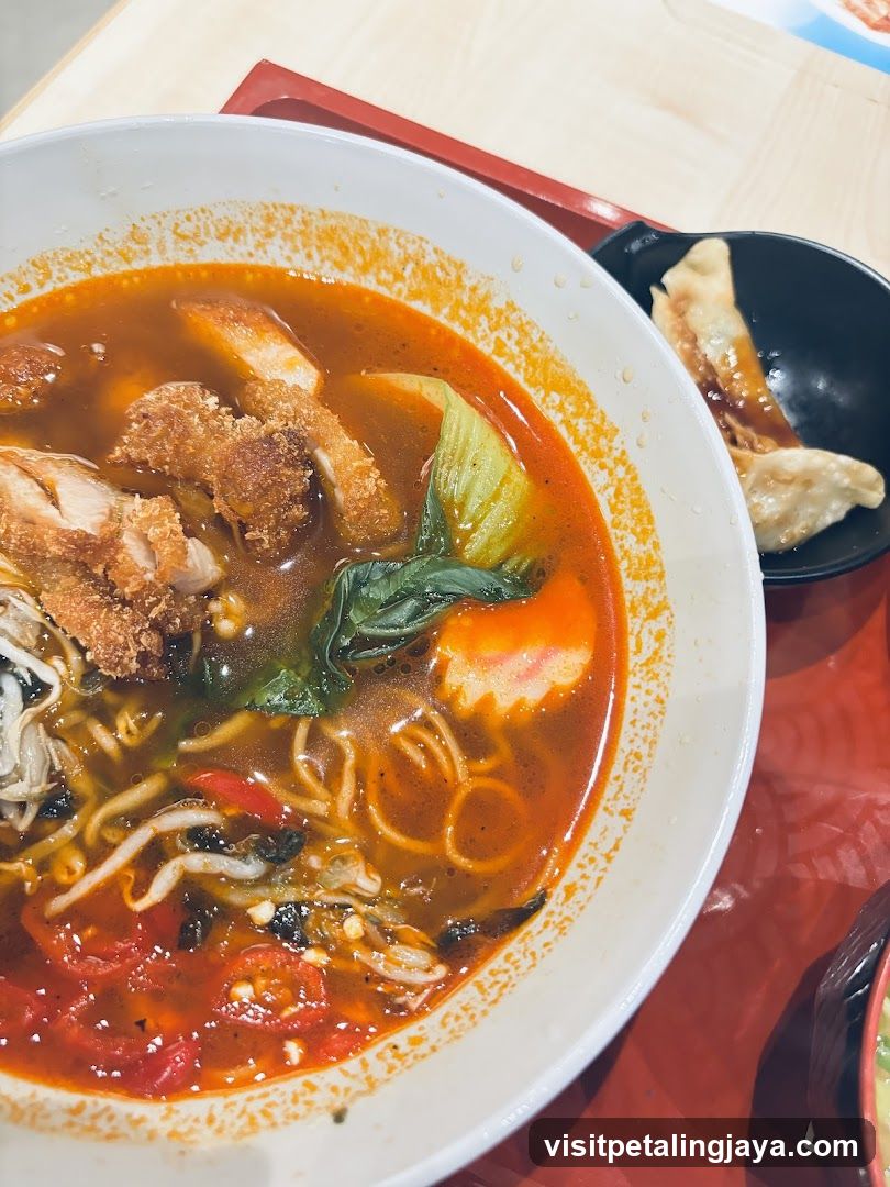 Spicy Ramen with Fried Chicken and Gyoza