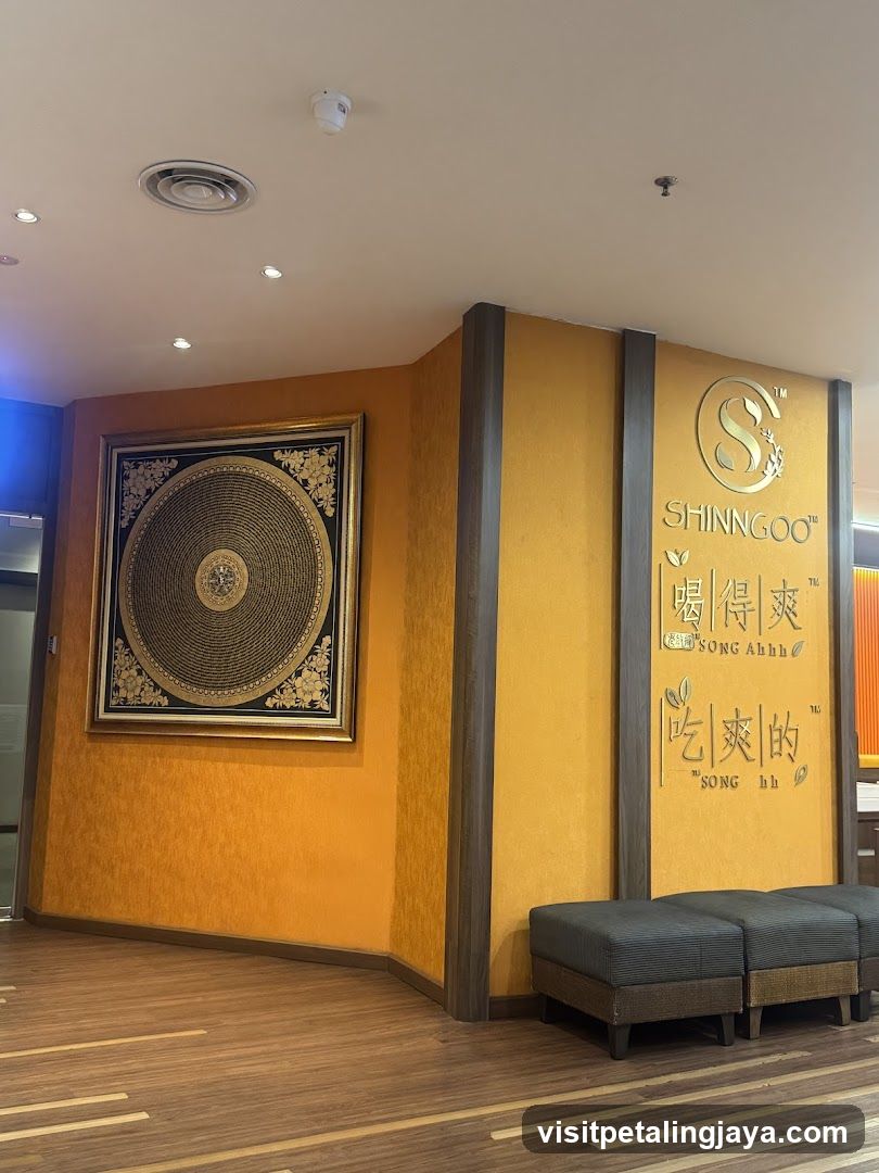 Interior of a restaurant with artwork and seating