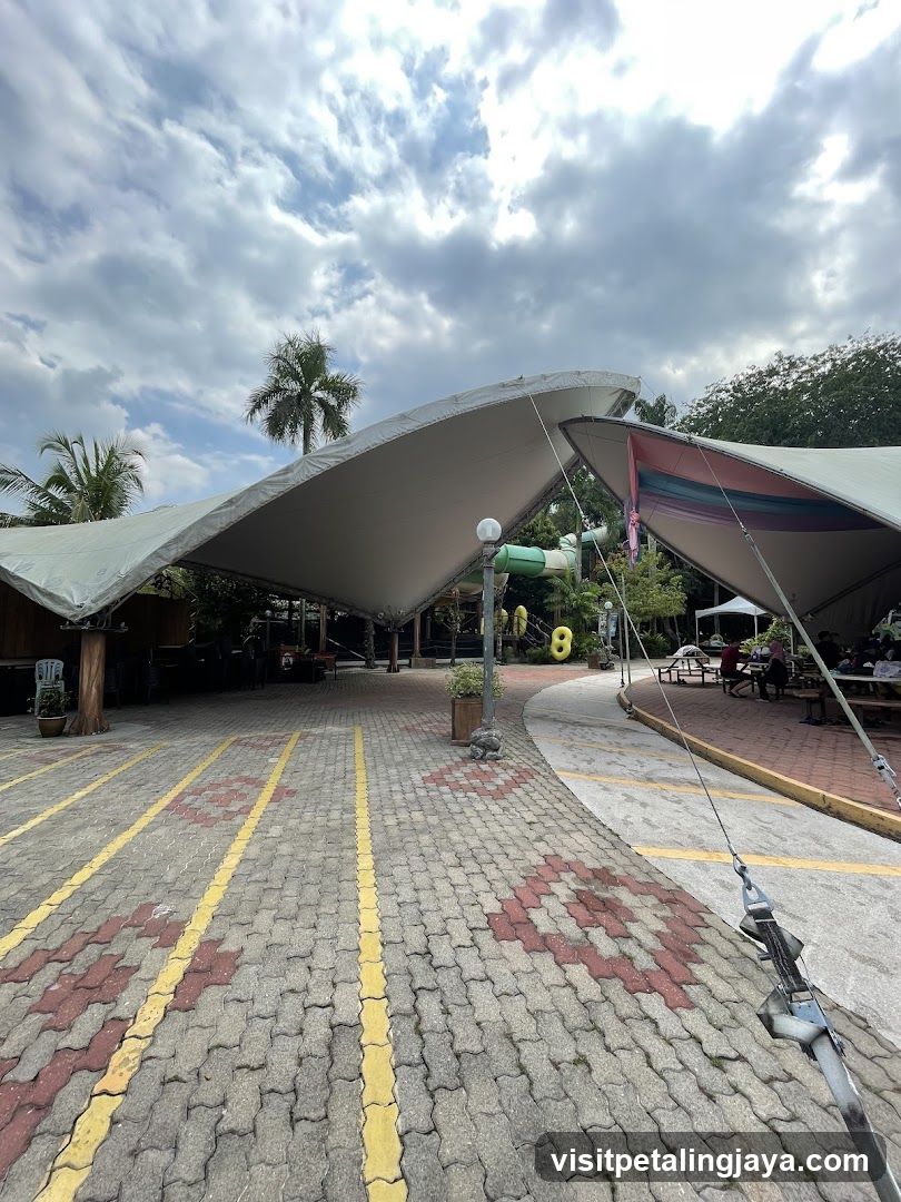 Outdoor seating area with covered walkways