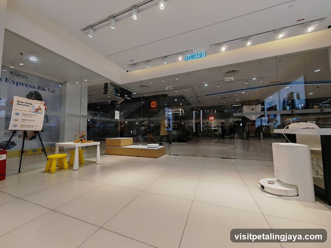 Store Interior with Display and Robot Vacuum