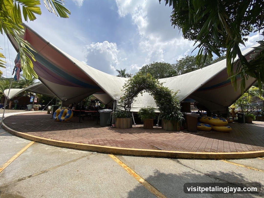 Outdoor Seating Area with Tents and Inflatables