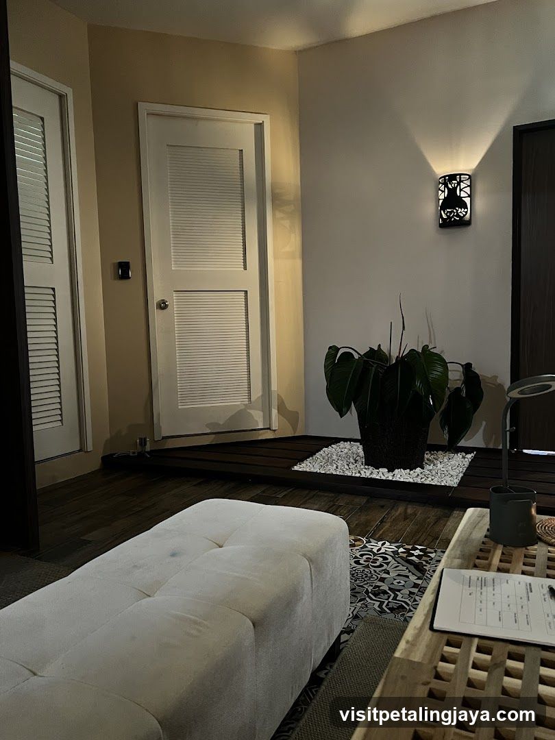 Interior seating area with plant and lamp