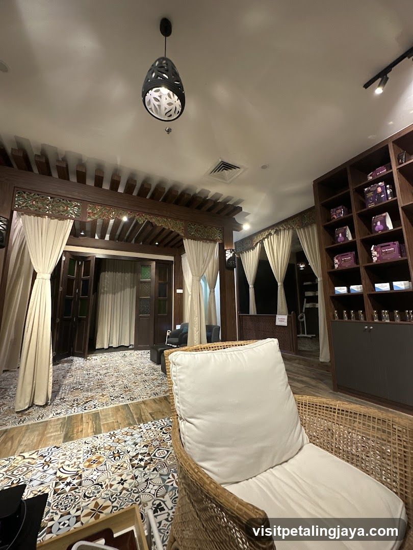 Interior of a room with decorative tiles and furniture