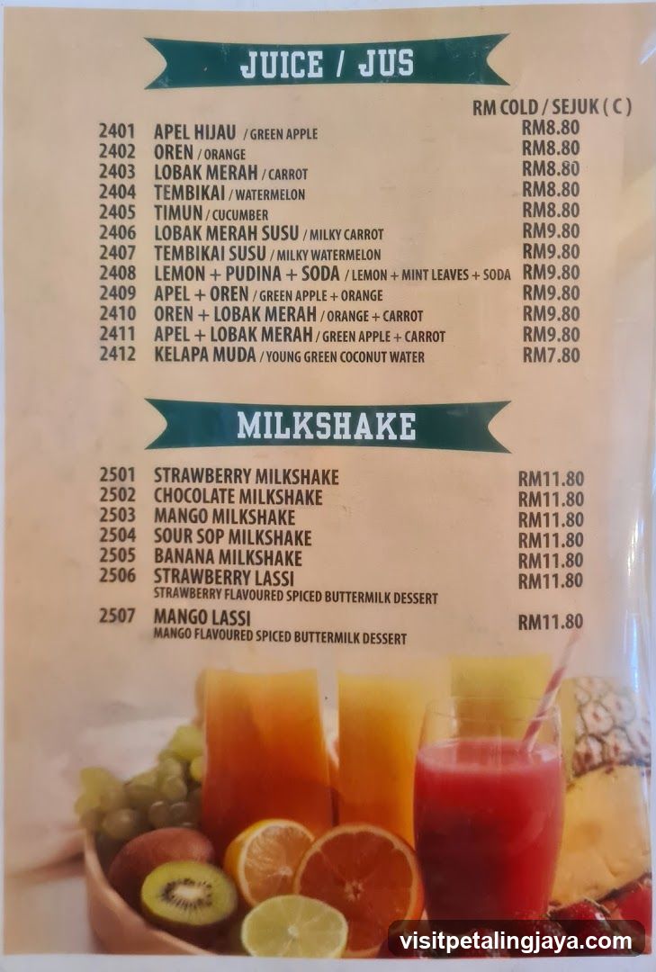 Juice and Milkshake Menu