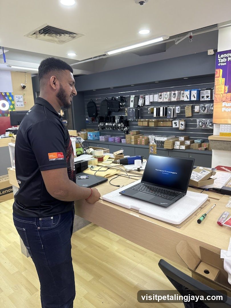 Man setting up a laptop in a store