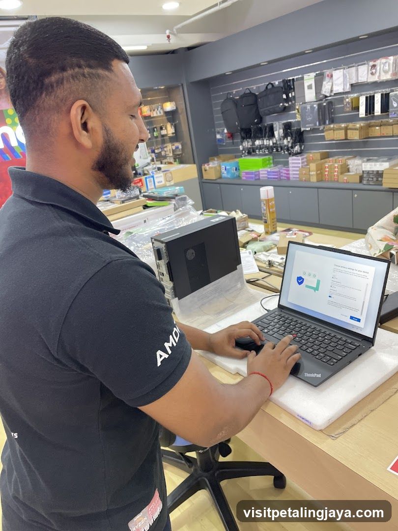 Man setting up a laptop