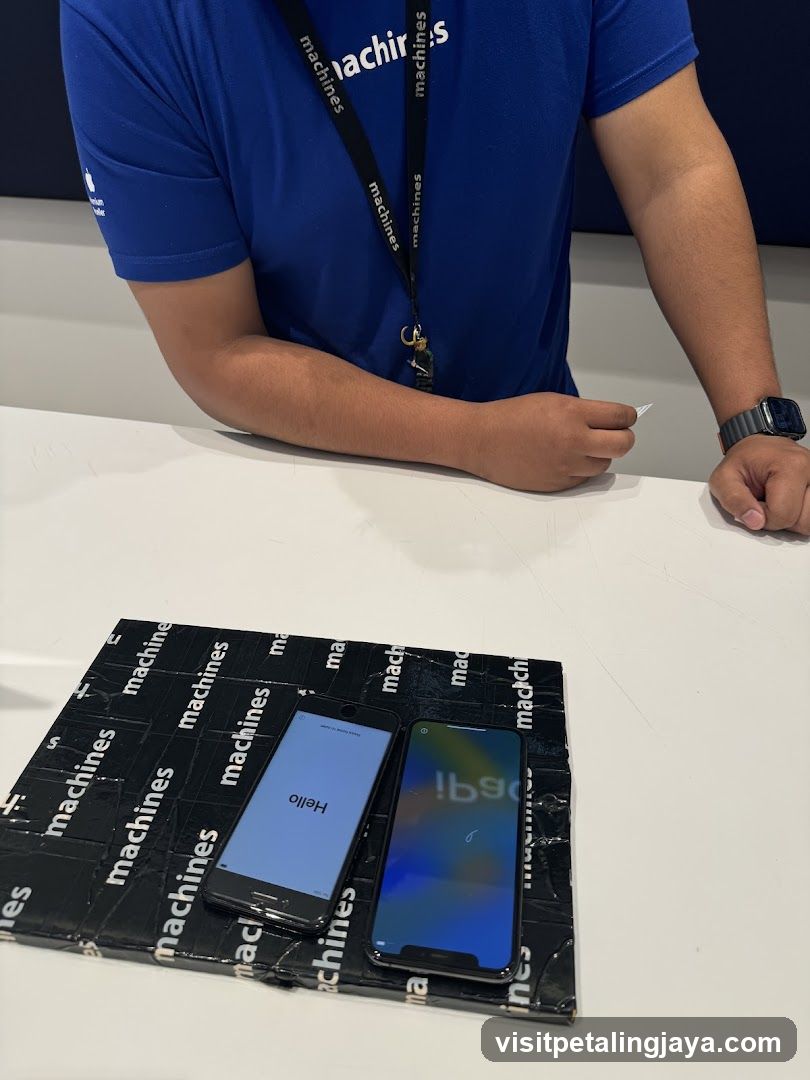 Two iPhones on a branded mat