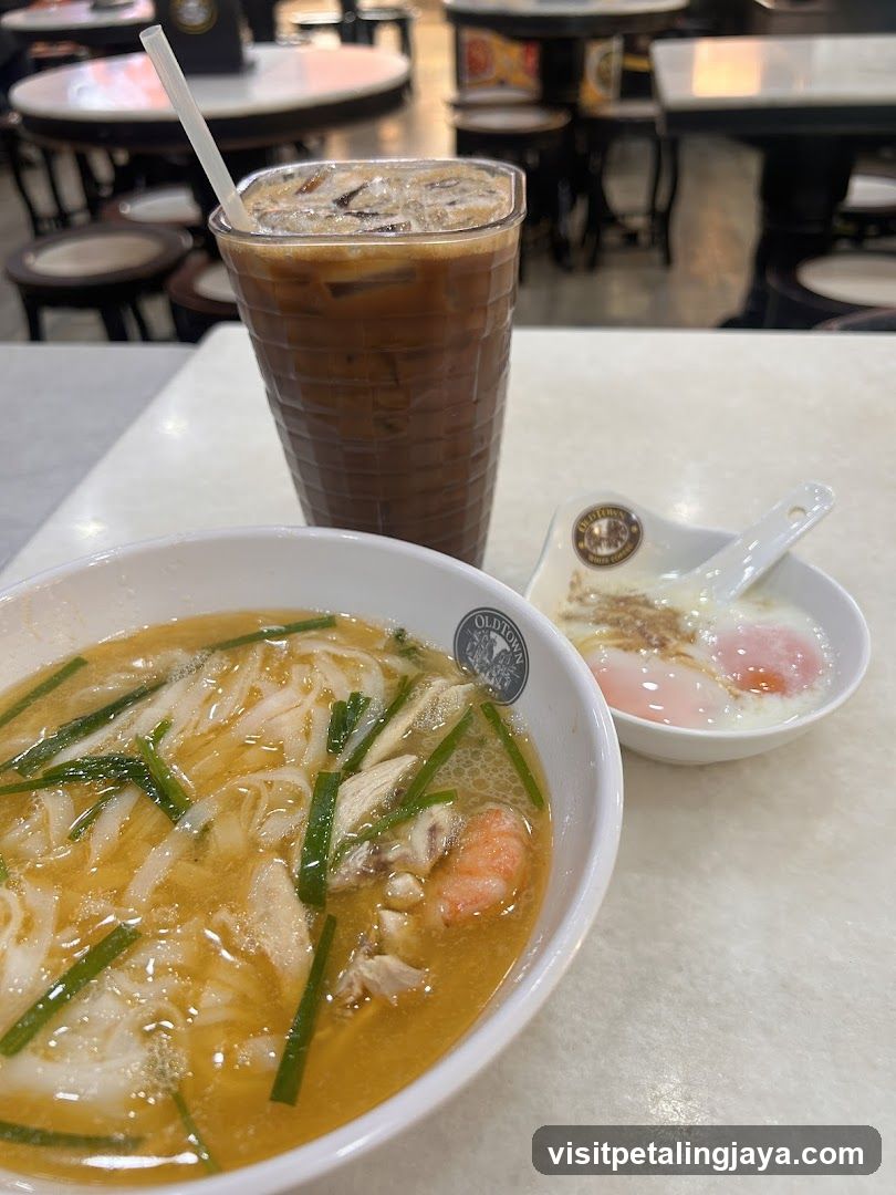 Chicken noodle soup and iced coffee