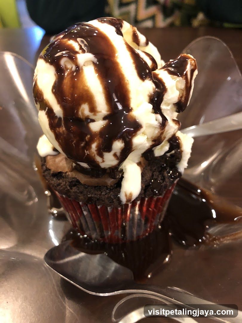 Chocolate cupcake with ice cream and chocolate syrup